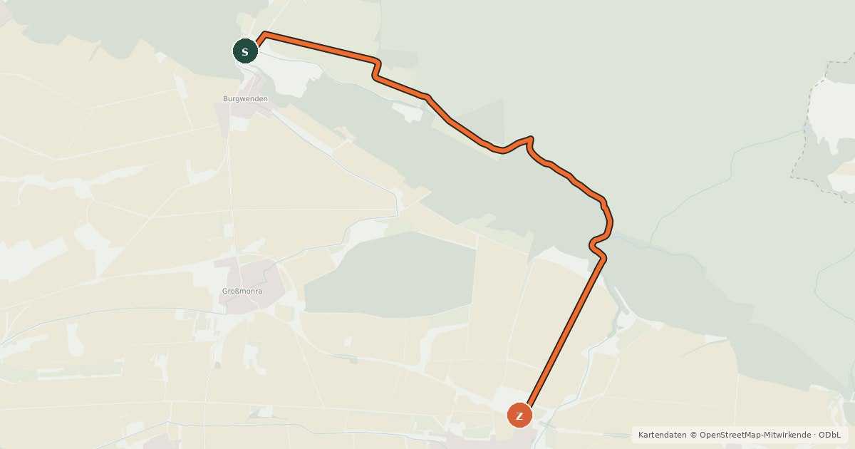 Kartenübersicht der Radroute Route 18-20 Burgwenden-Ostramondra