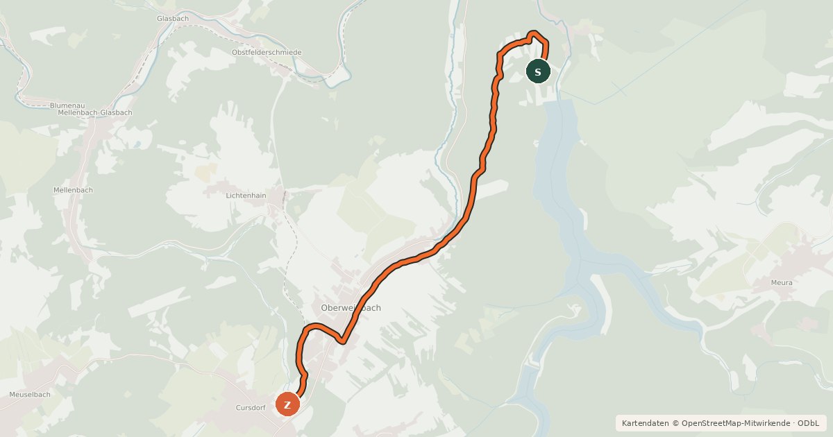 Kartenübersicht der Radroute Route 3 zur Talsperre Lichte/Leibis