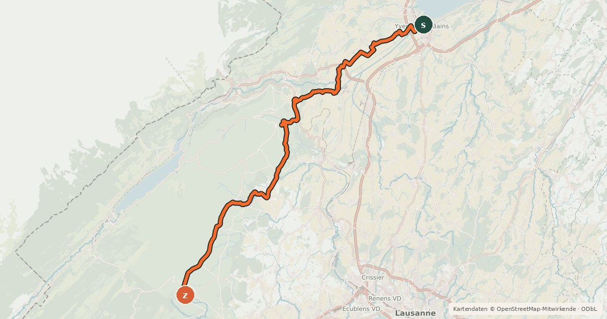 Kartenübersicht der Radroute Route du pied du Jura