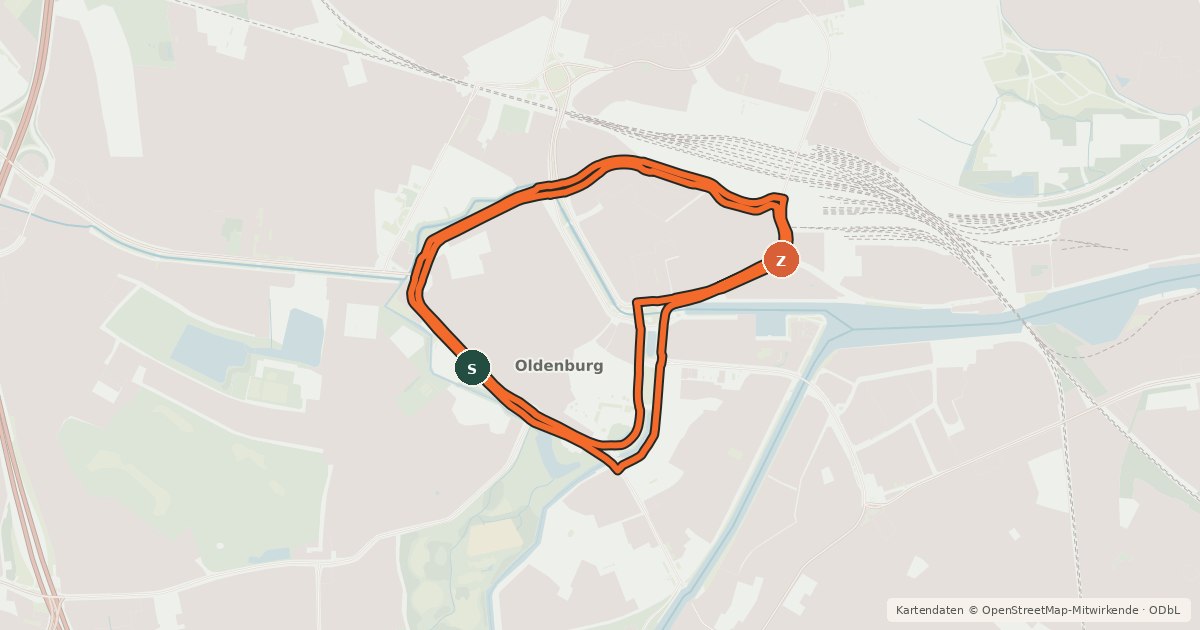 Kartenübersicht der Radroute Route um Oldenburg (Innenstadtring)