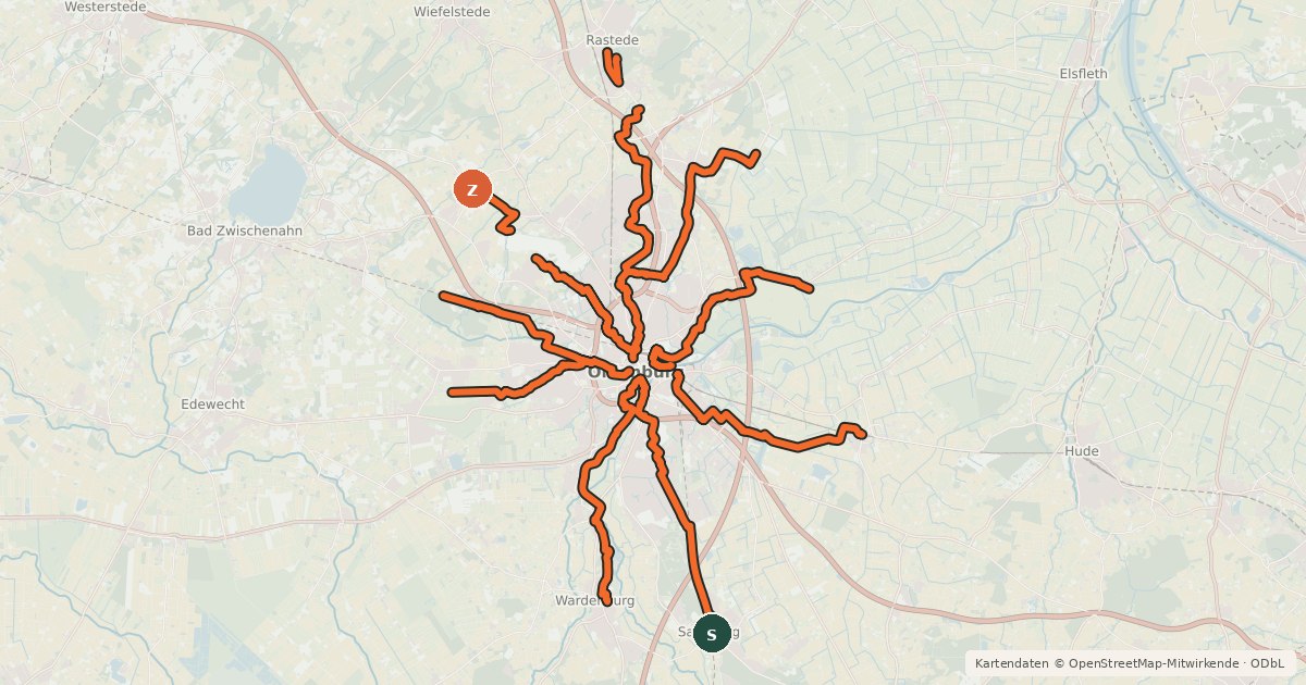 Kartenübersicht der Radroute Route um Oldenburg (Speiche)