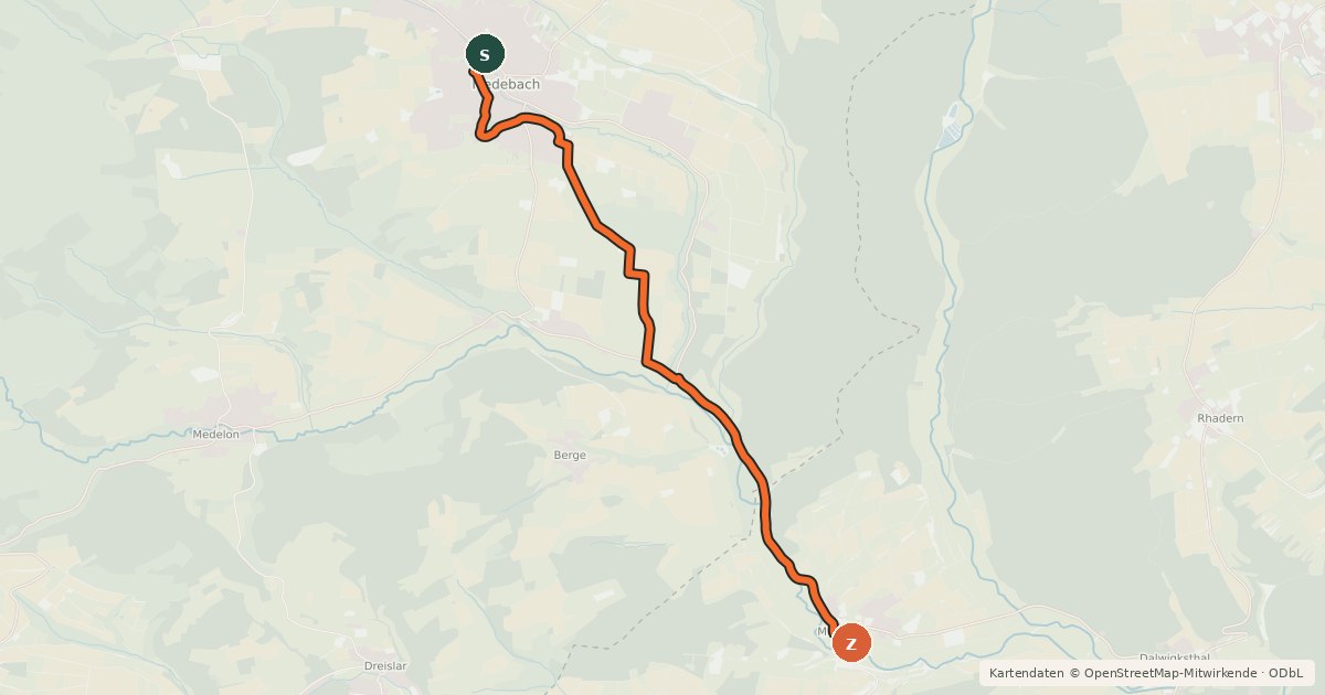 Kartenübersicht der Radroute RSW (HSK-66) Medebach - (xx) Lichtenfels-Münden