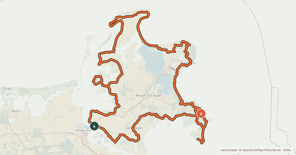 Kartenübersicht der Radroute Rügen-Rundweg