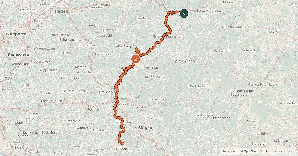 Kartenübersicht der Radroute Ruhr-Sieg-Radweg
