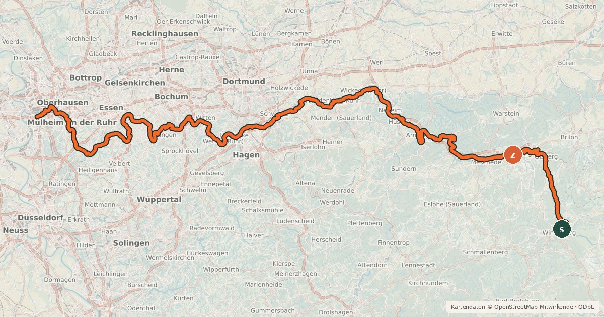 Kartenübersicht der Radroute Ruhrtalradweg
