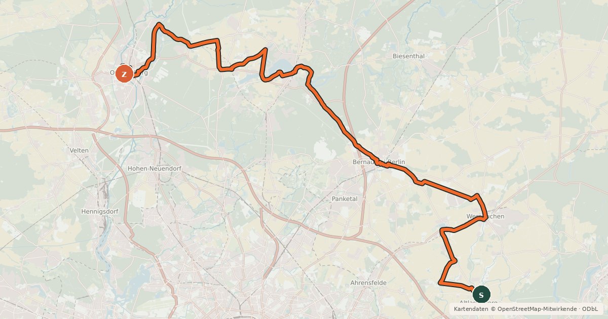 Kartenübersicht der Radroute Rund um Berlin Teil 1 [Altlandsberg↔Oranienburg]