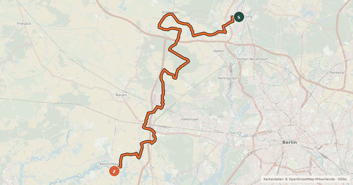 Kartenübersicht der Radroute Rund um Berlin Teil 2 [Oranienburg↔Ketzin]