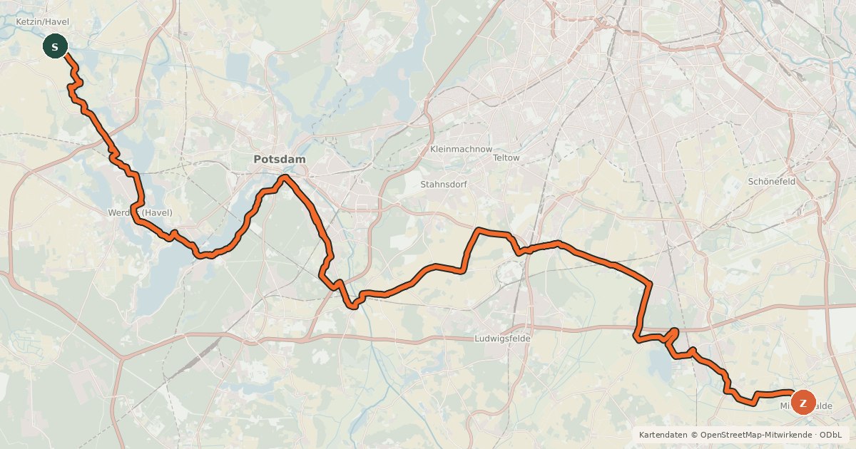 Kartenübersicht der Radroute Rund um Berlin Teil 3 [Ketzin↔Mittenwalde]