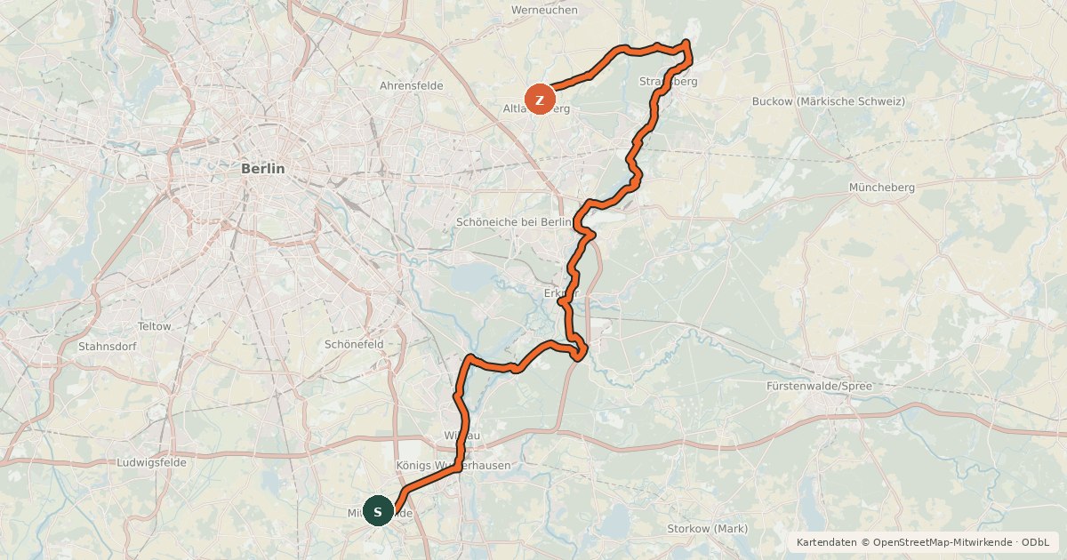 Kartenübersicht der Radroute Rund um Berlin Teil 4 [Mittenwalde↔Altlandsberg]