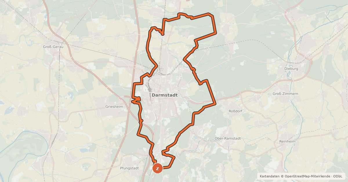 Kartenübersicht der Radroute Rund um Darmstadt