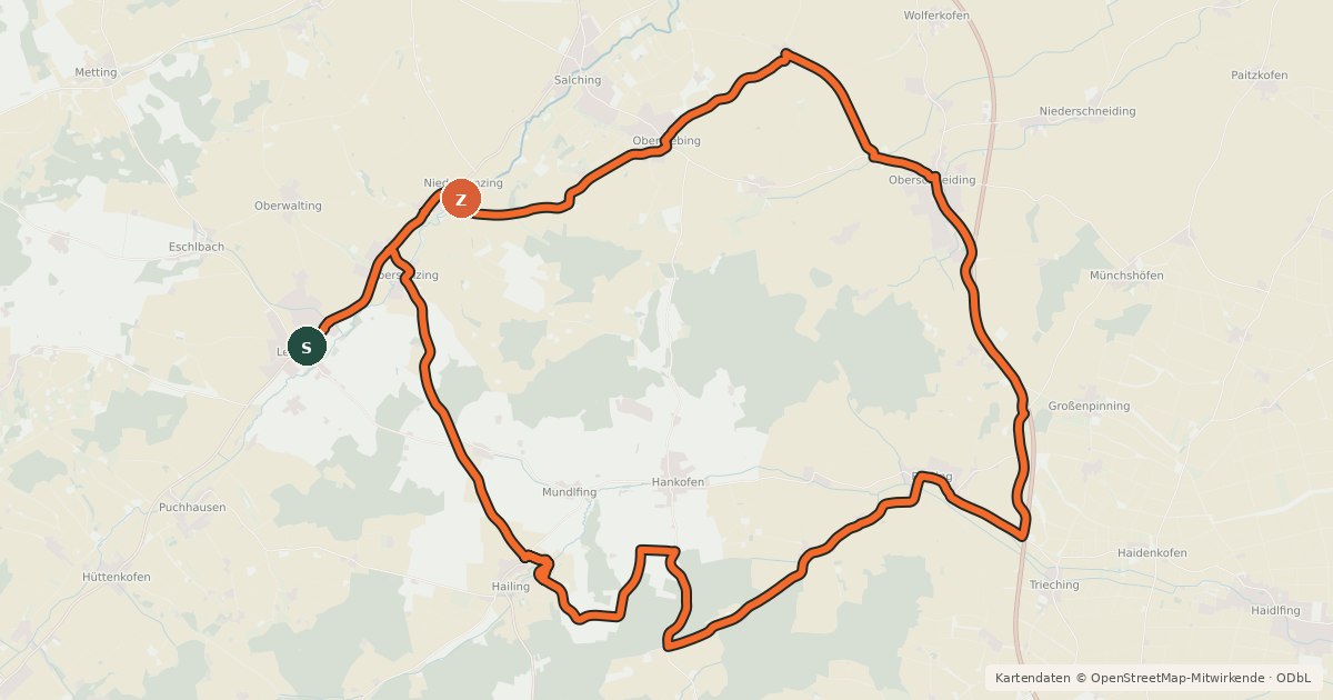 Kartenübersicht der Radroute Rund um die Hankofener Wälder