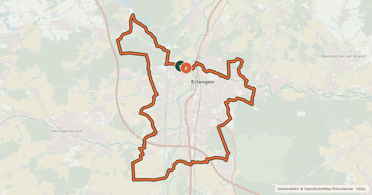 Kartenübersicht der Radroute Rund um Erlangen