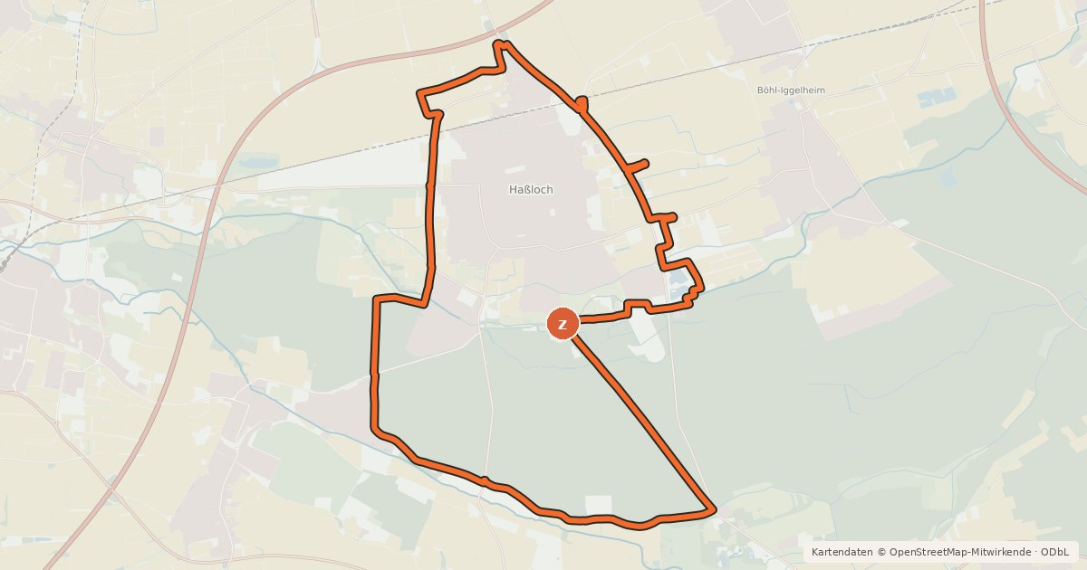 Kartenübersicht der Radroute Rund um Haßloch (gelb)