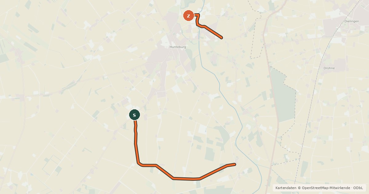 Kartenübersicht der Radroute Rund um Hunteburg
