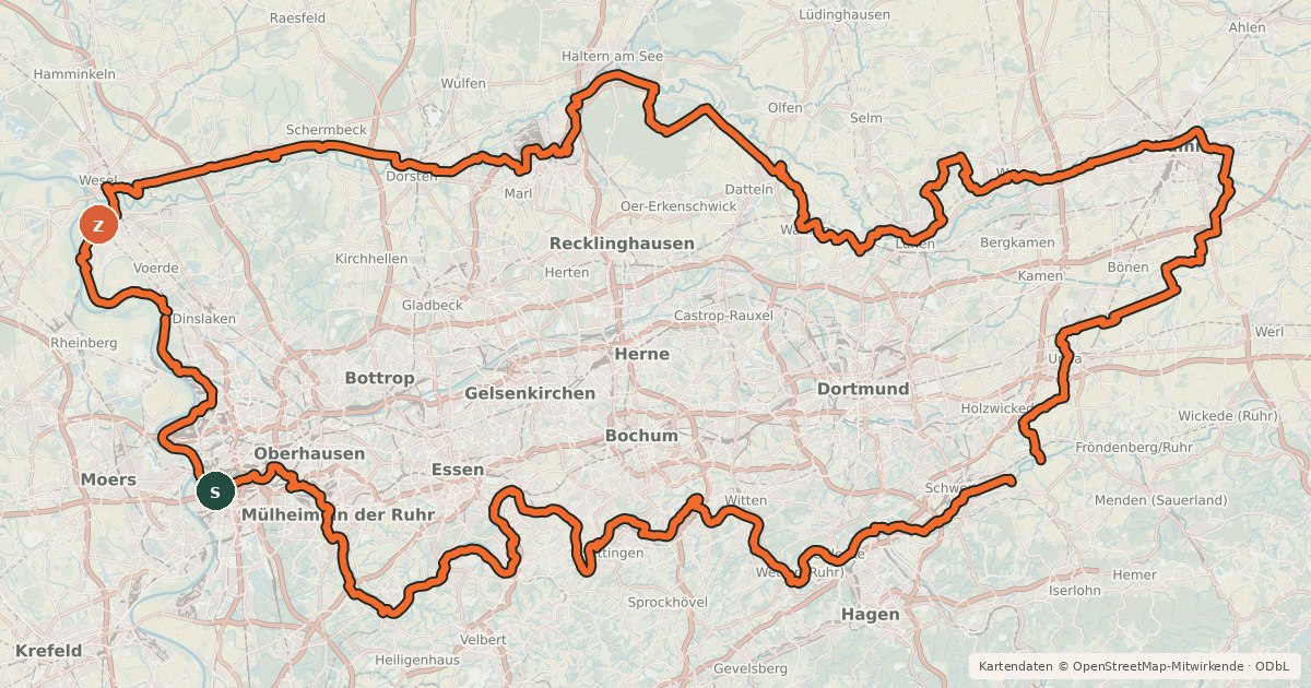 Kartenübersicht der Radroute Rundkurs Ruhrgebiet