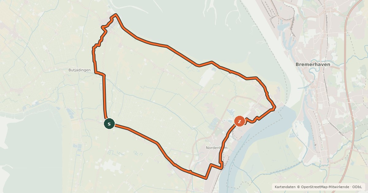 Kartenübersicht der Radroute Rundtour Nordenham-Burhave-Nordenham