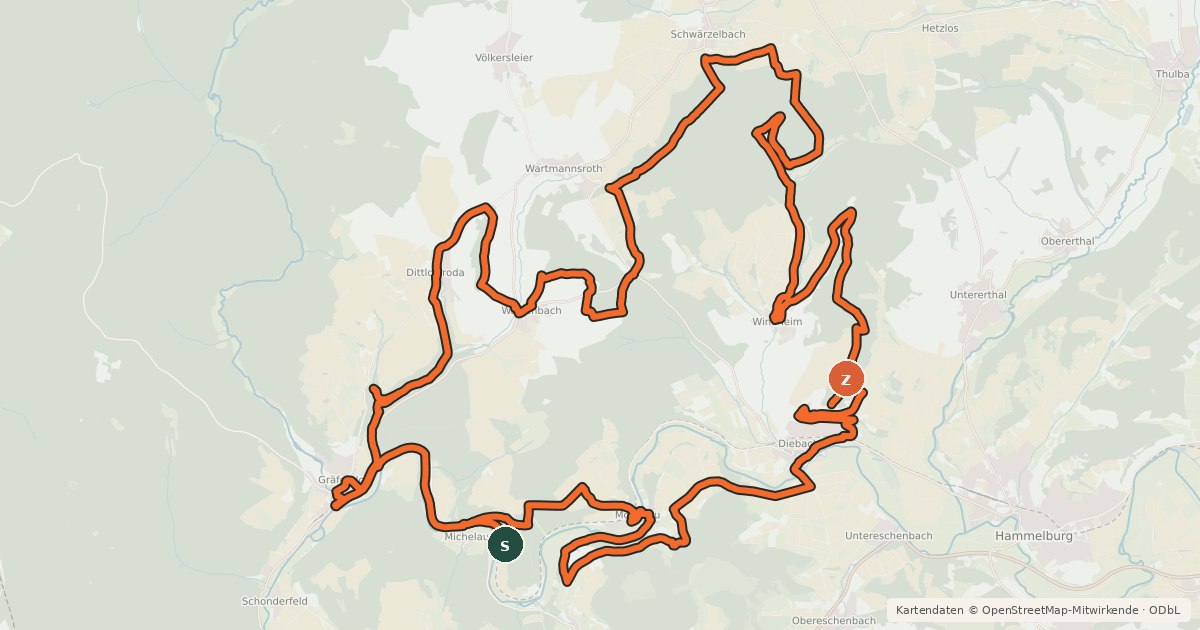 Kartenübersicht der Radroute Rundweg 13 Die Trettsteinrunde - Hammelburg-Diebach - Rhön