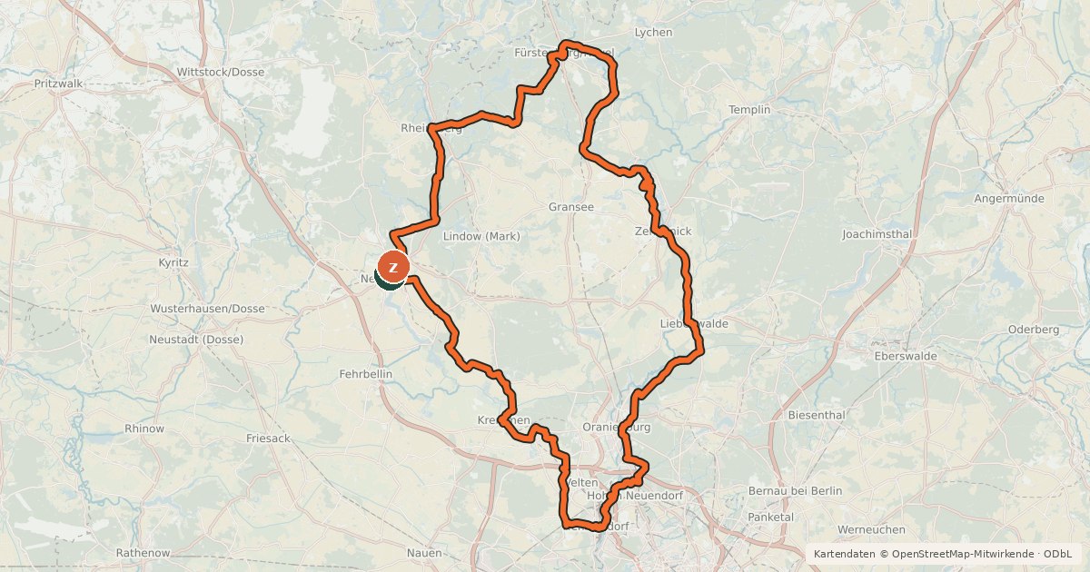 Kartenübersicht der Radroute Ruppiner Seen-Kultur-Radweg