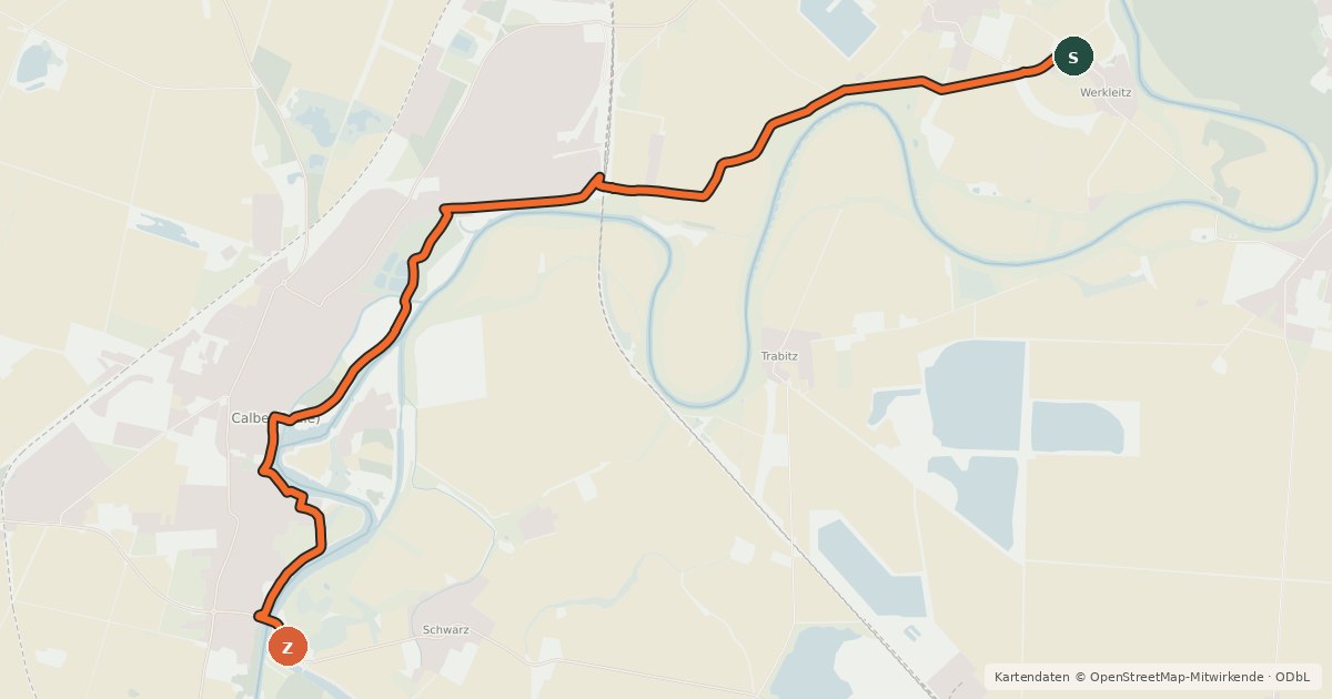 Kartenübersicht der Radroute Saaleradweg Variante Calbe