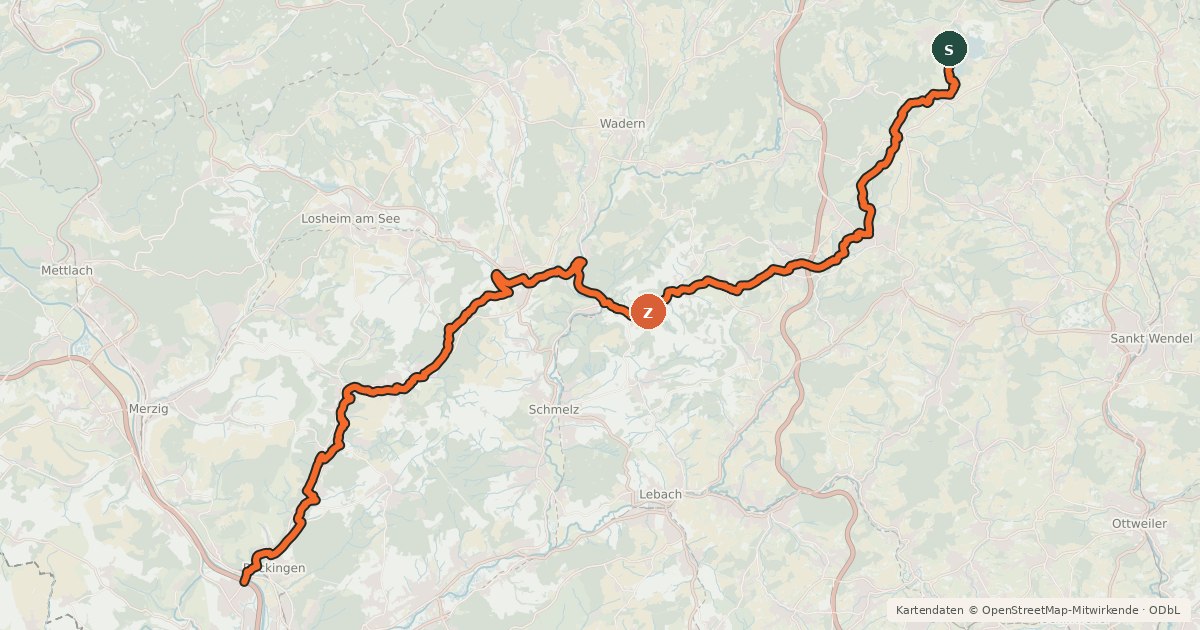 Kartenübersicht der Radroute Saar-Bostalsee-Radweg