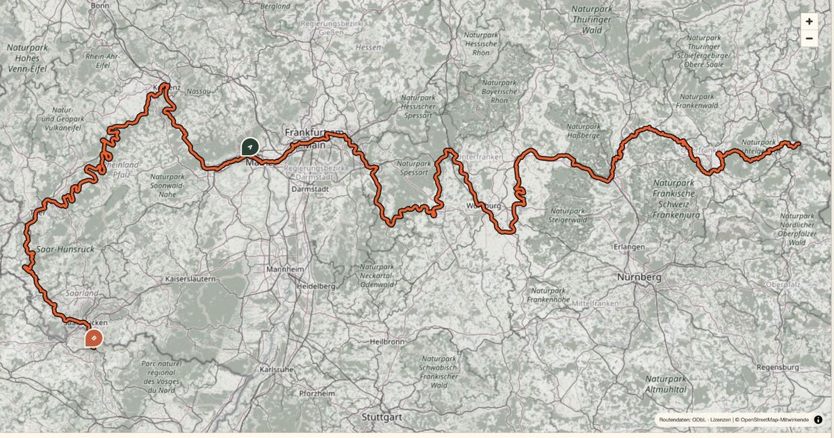 Kartenübersicht der Saar-Mosel-Main-Route D5 von Kulmbach bis Konz