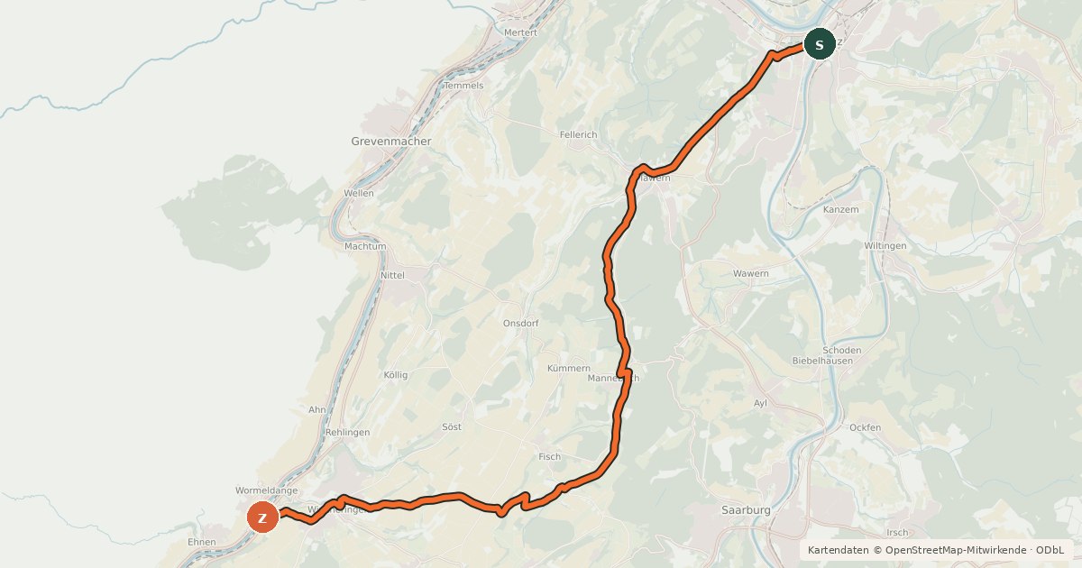 Kartenübersicht der Radroute Saargau-Radweg