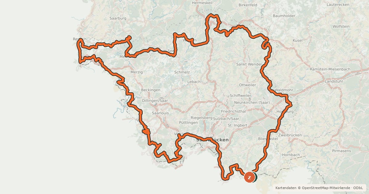 Kartenübersicht der Radroute Saarland-Radweg