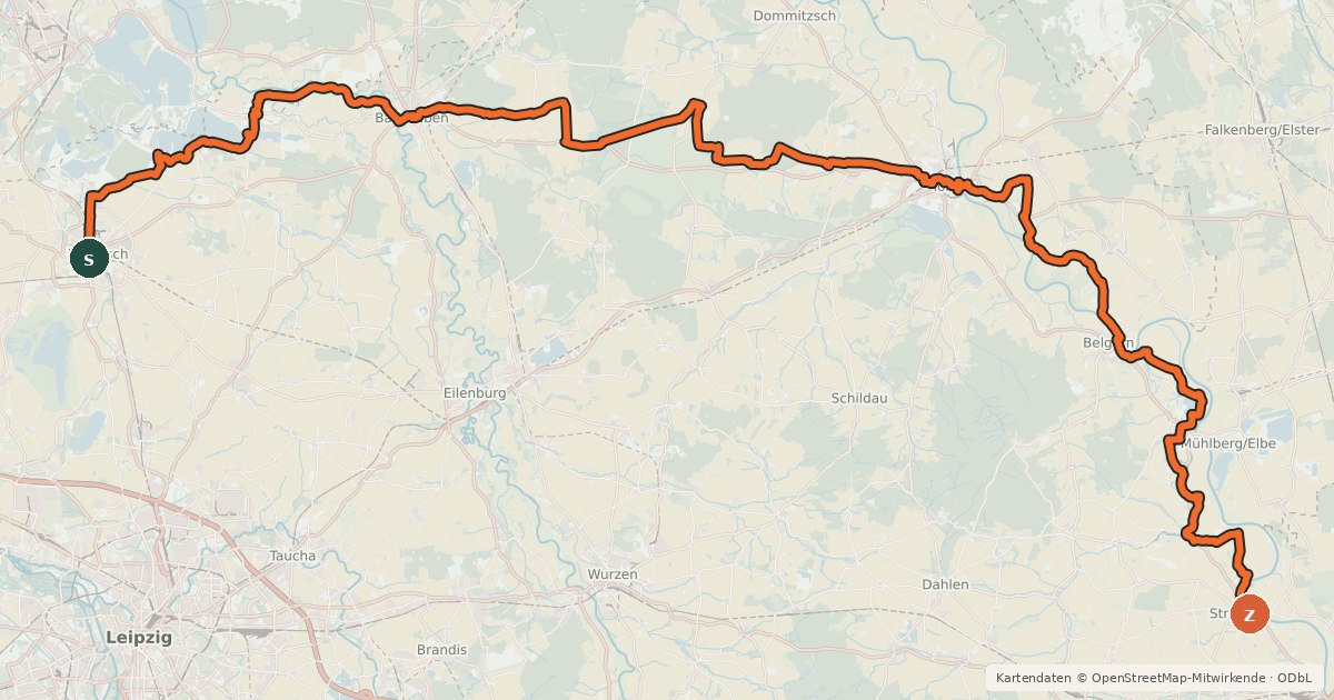 Kartenübersicht der Radroute Sachsen-M [Abschnitt B] Delitzsch-Strehla
