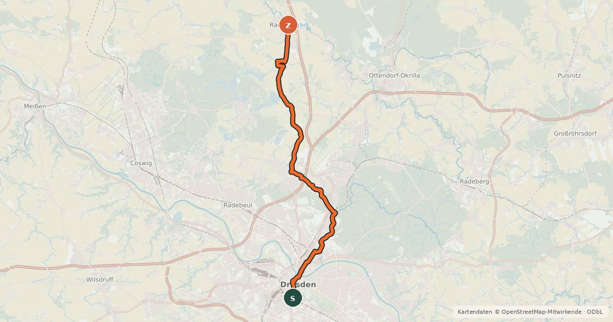 Kartenübersicht der Radroute SachsenNetz Rad Dresden-Radeburg
