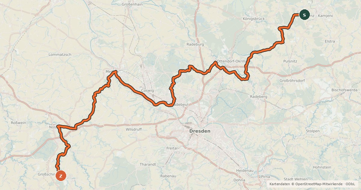 Kartenübersicht der Radroute Sächsische Städteroute [Freiberg-Kamenz]