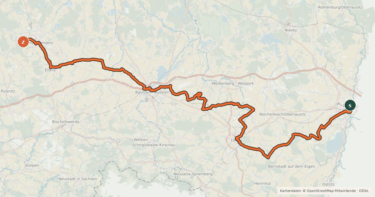 Kartenübersicht der Radroute Sächsische Städteroute [Kamenz↔Görlitz]