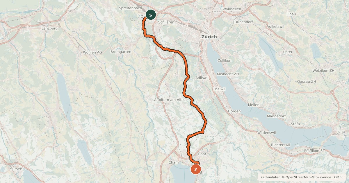 Kartenübersicht der Radroute Säuliamt-Schwyz