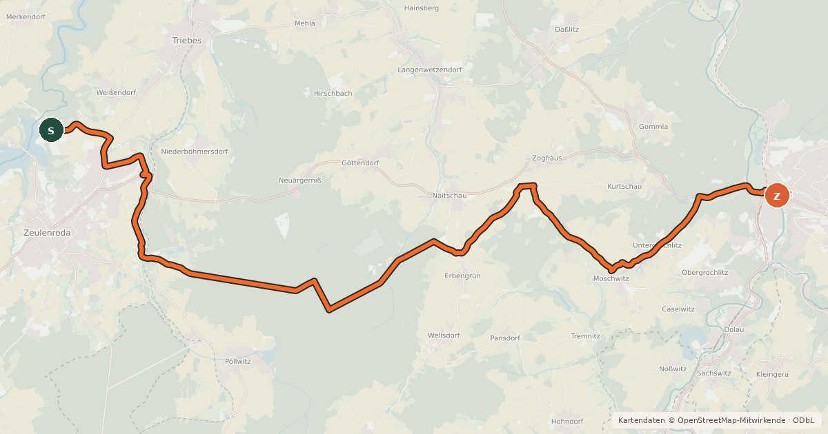 Kartenübersicht der Radroute Sagenweg durch den Pöllwitzer Wald