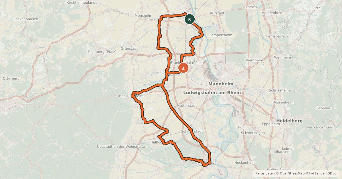 Kartenübersicht der Radroute Salier-Radweg