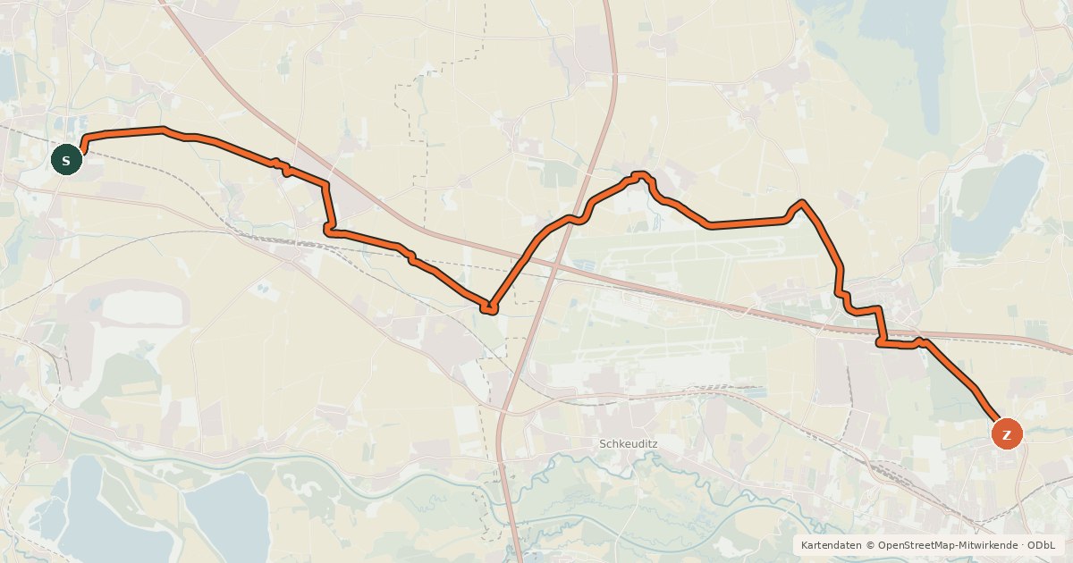 Kartenübersicht der Radroute Salzfuhrweg Halle–Leipzig