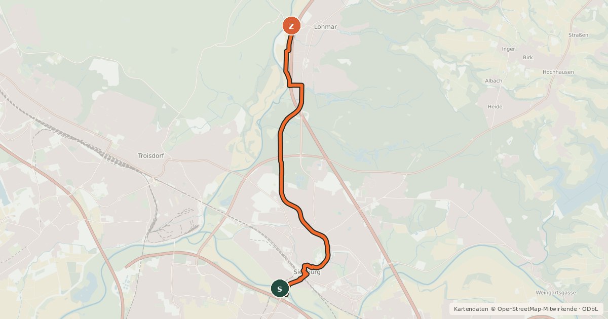 Kartenübersicht der Radroute Sankt Augustin (02) - Lohmar (06)