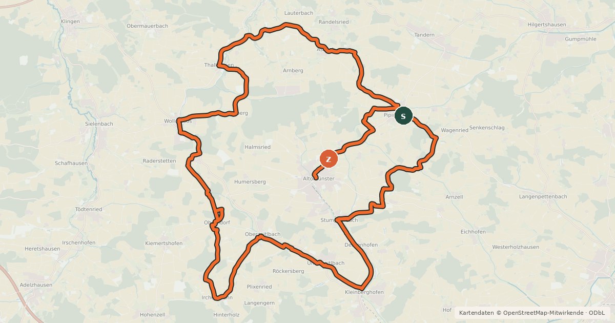 Kartenübersicht der Radroute Schauriges um Altomünster