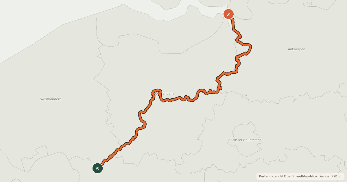 Kartenübersicht der Radroute Schelderoute - 1 - Spiere - Oudenaarde