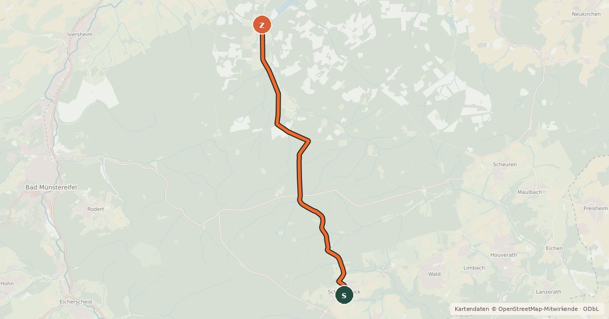 Kartenübersicht der Radroute Scheuerheck (15) - Steinbachtalsperre (89)