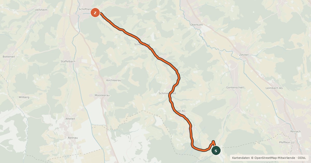 Kartenübersicht der Radroute Schiltwald-Schöftland