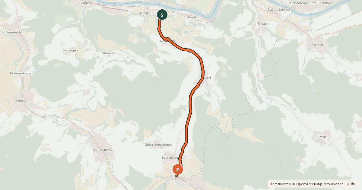 Kartenübersicht der Radroute Schneisingen-Mellikon