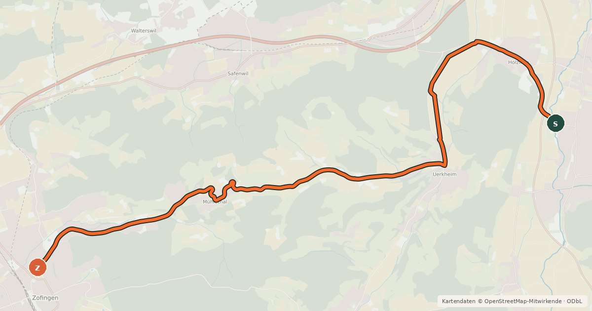 Kartenübersicht der Radroute Schöftland-Zofingen