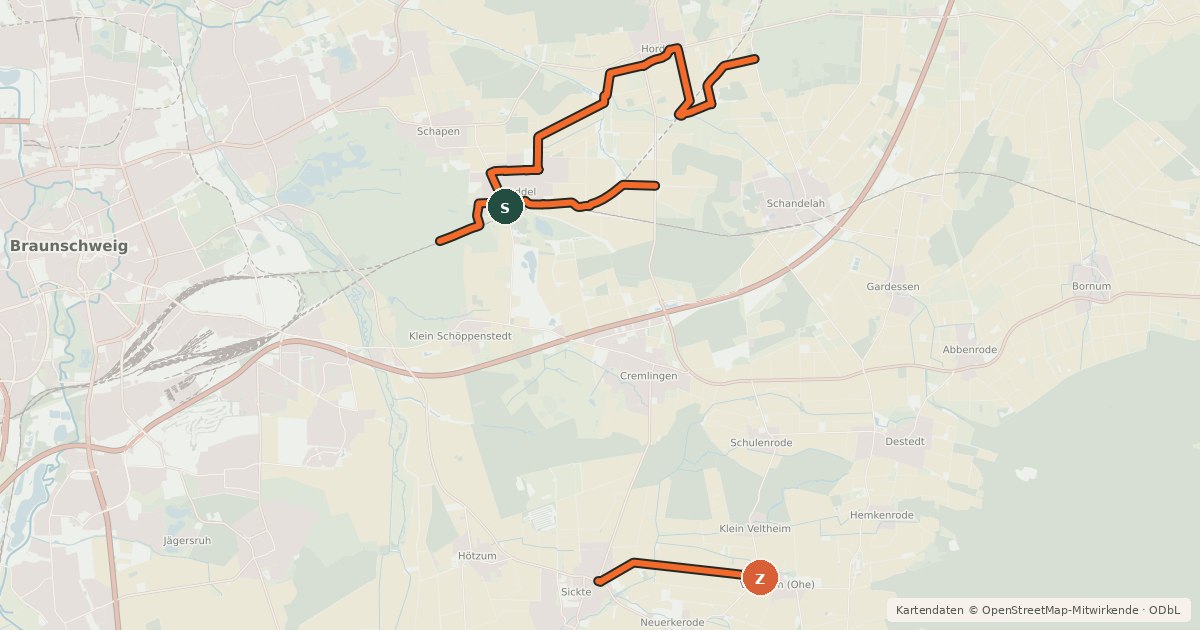 Kartenübersicht der Radroute Schöne Dörfer im Landkreis Wolfenbüttel