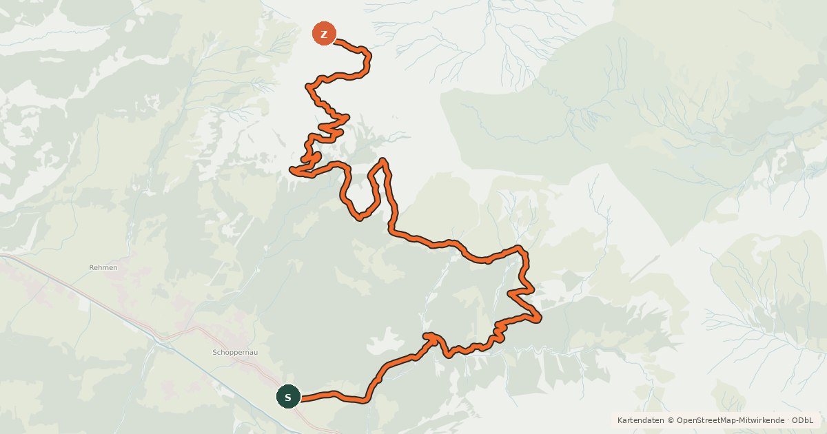 Kartenübersicht der Radroute Schoppernau-Neuhornbachhaus-Breitenalplift Talstation-Diedamskopf