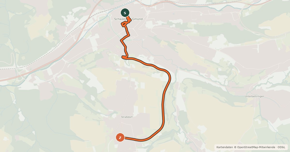 Kartenübersicht der Radroute Schwäbisch Gmünd - Straßdorf