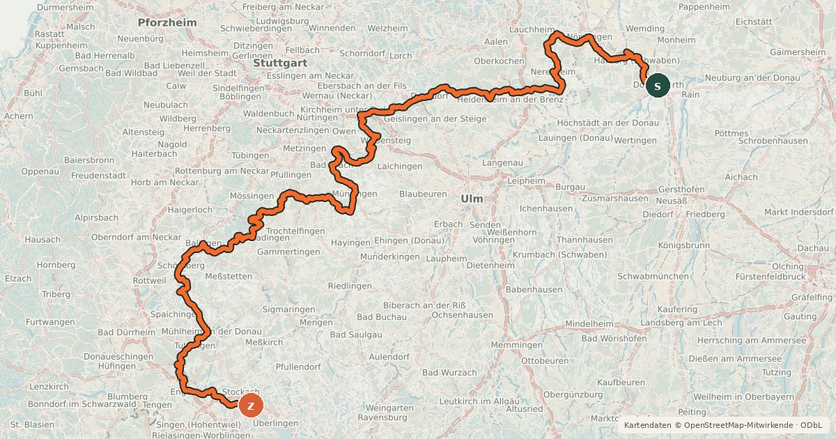 Kartenübersicht der Radroute Schwäbische Alb Radweg