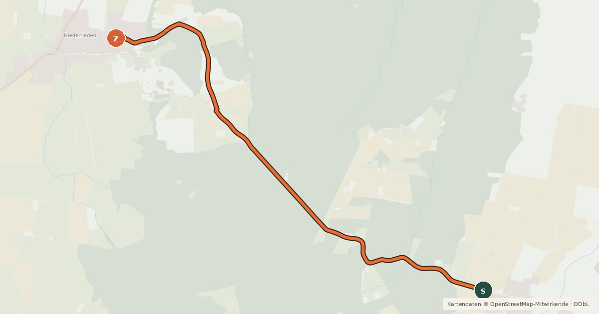 Kartenübersicht der Radroute Schwaighausen - Niederrieden