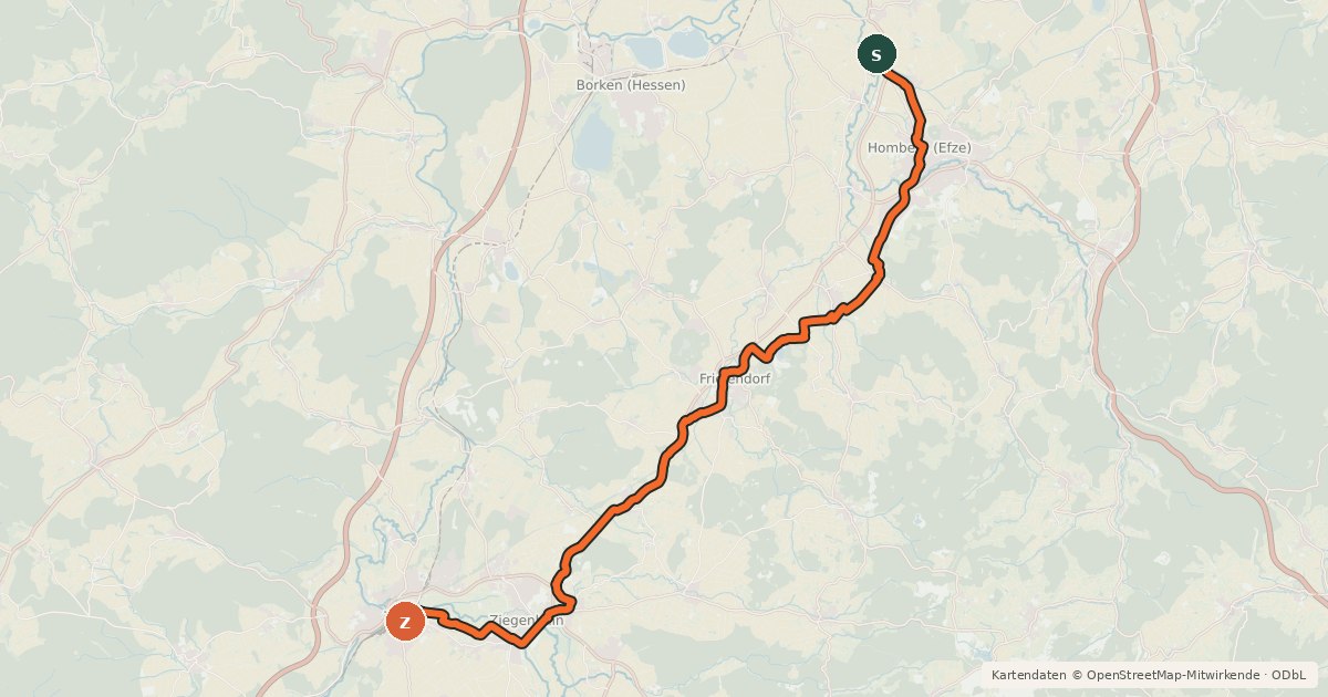 Kartenübersicht der Radroute Schwalm-Efze-Weg R14