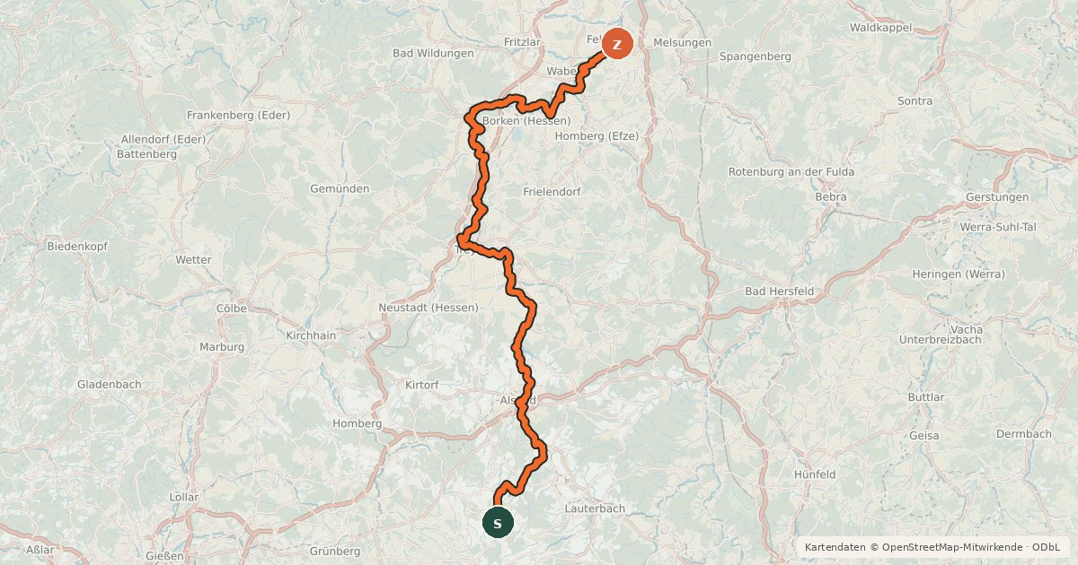 Kartenübersicht der Radroute Schwalm-Radweg
