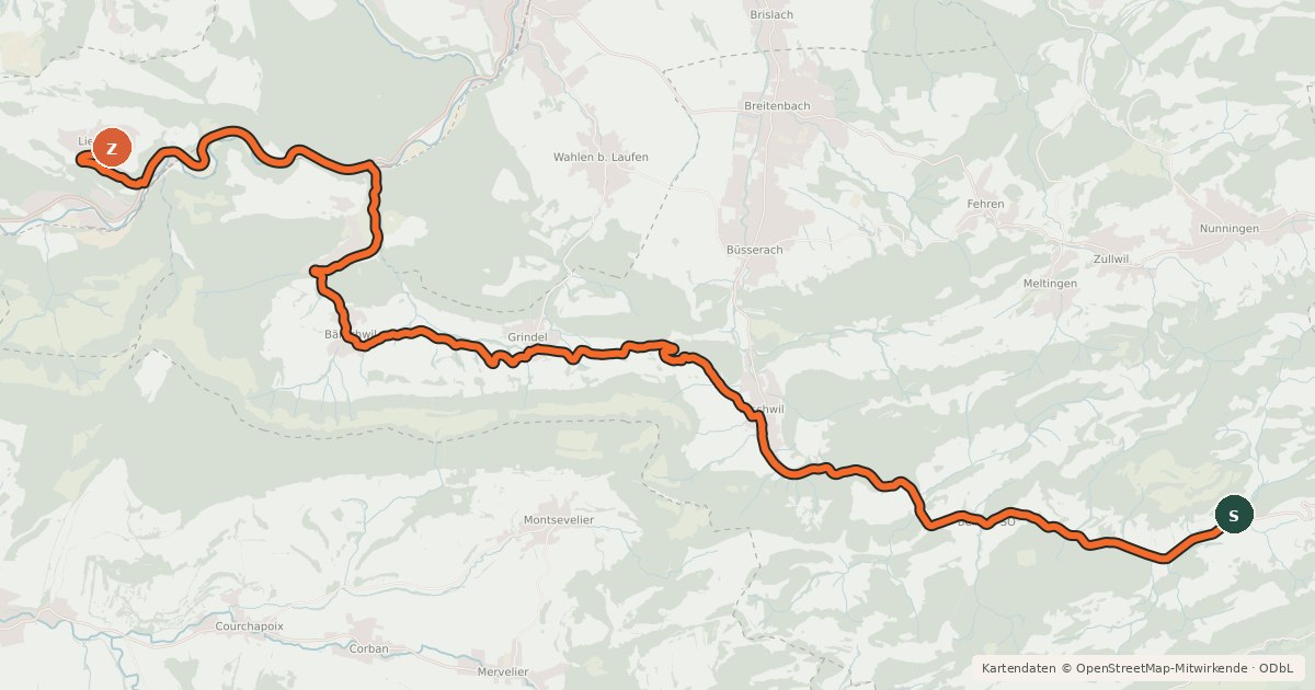 Kartenübersicht der Radroute Schwarzbubenland-Route